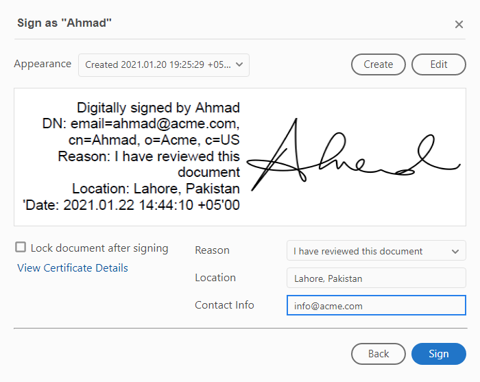 PDF signing information at signing time