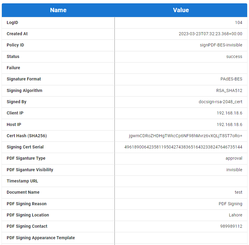 Khatim Signing Server Transaction Logs Details