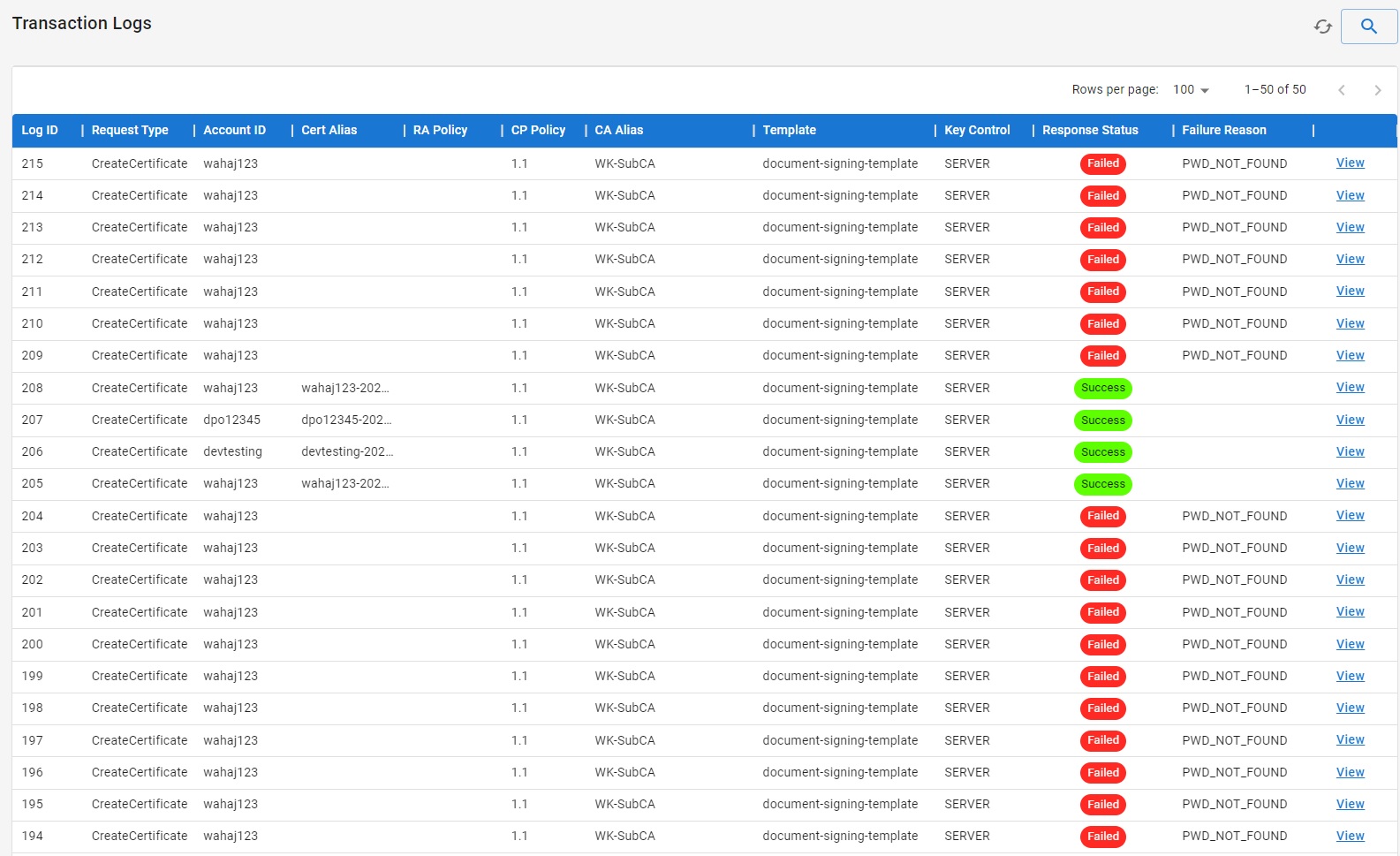 Khatim PKI Server v4.1 - Certificate Provider Transaction Logs